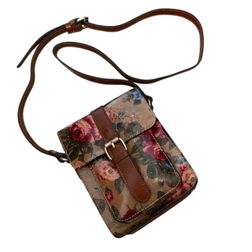 Patricia Nash Casina Leather Crossbody Bag Rose Print Tan Buckle Flap Purse NEW